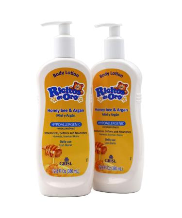 Ricitos de Oro Honey and Argan Baby Body Lotion That Helps Smooth Baby Skin -Hypoallergenic with Honey Bee Extract Delicious Scent, 2-Pack of 12.8 FL Oz, 2 Bottles.