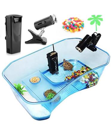 Turtle Tank Aquarium,Reptile Tank,Turtle Aquarium Terrapin Lake with Platform Plants Tank for Pet Turtle Reptile Habitat Blue+pump Light