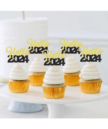 30 Pcs Glitter Happy New Year Cupcake Toppers 2024 Gold Black Cupcake topper Cheers to 2024 Cake Picks for New Years Eve Party Decoration (Hello) - Buy Online on SooperMarket.com