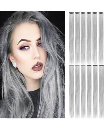 12 Pcs Colored Hair Extensions Colorful Clip in Hair Extensions 22 inch Synthetic Straight Hair Extensions for Kids Girls Women K 12pcs-Grey