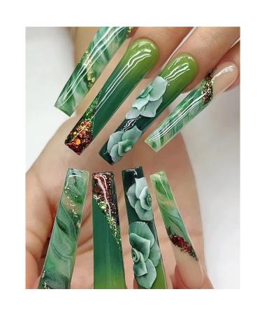 24Pcs Press on Nails Long Coffin Fake Nails Glossy Green False Nails with Rose Gold Foil Acrylic Nails Extra Long Full Cover Stick on Nails for Women Style 9
