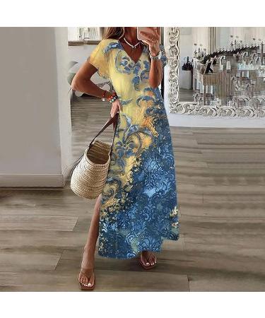 Women's Floral Maxi Dress - Blue Small, V Neck, Side Split, Short Sleeve Lounge Dress - Buy Online on SooperMarket.com