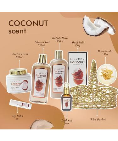 Coconut Spa Gift Set for Women - 8Pcs Spa Gift Basket with Shower Gel, Bubble Bath, Body Cream, and More in Elegant Wire Basket | Gifts for Her - Buy Online on SooperMarket.com