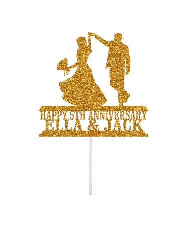 Personalize Pro Couple Dancing with Bride Holding Flower Bouquet Anniversary Theme Cake Topper | Glitter Cake Topper Custom Year and Name | Engagement Anniverary Celebration Topper | Gold