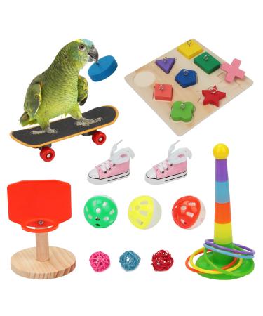 BWOGUE 12PCS Bird Training Toys Parrot Intelligence Toy Mini Sneaker Skateboard Parrot Wooden Block Puzzles Toy Bird Basketball Toy Stacking Rings for Budgie Parakeet Cockatiel Conure Lovebird