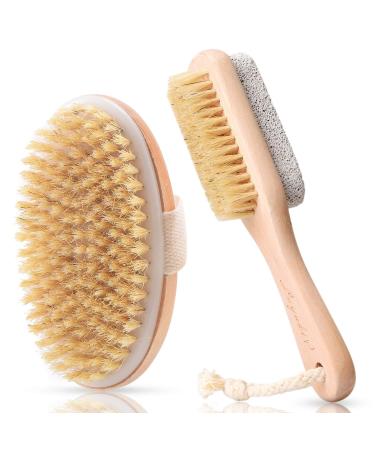LAYUKI Body Brush for Dry or Wet Brushing and 2-Sided Foot File Scrubber Set, Body Scrubber for Bath or Shower, Exfoliating Skin, Cellulite Treatment, Foot File Scrubber with Pumice Stone