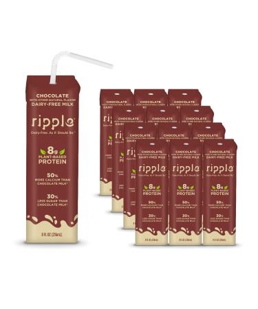 Ripple 8oz Non-Dairy Milk Chocolate (Pack of 12)  Vegan Milk With 8g Pea Protein in Shelf Stable Single Serve Cartons  Great for Kids Lunchboxes On-The-Go  Non GMO Plant Based Gluten Free