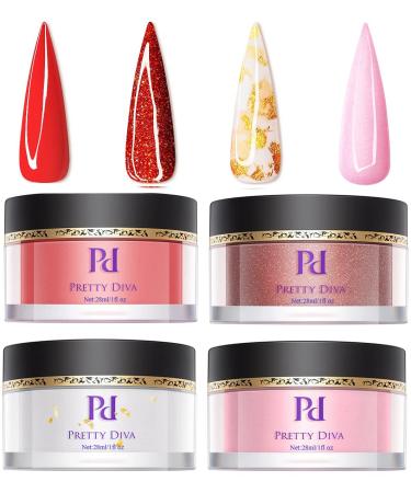 PrettyDiva Dip Powder Set - 4 Colors SOMETHIN' DARING Collection Hot Date Dip Powder for Salon Manicure at Home, 1Oz Scarlet Red/Stargazer Red/Nova Pink/Milky White Foil Sparkly Glitter Nail Dip Powder for DIY Nail Art Gifts for Women