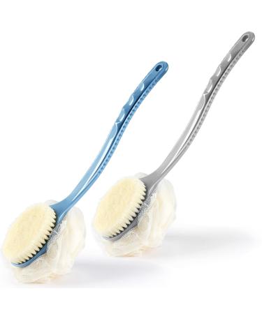 Shower Body Brush with Bristles and Loofah Back Scrubber Bath Mesh Sponge with Curved Long Handle for Skin Bath Massage Bristles for Wet or Dry  Men and Women (Blue & Grey)