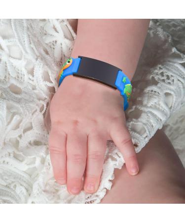 Customised Kids Safety ID Wristband - Personalised Medical Alert Bracelet for Boys and Girls - Dinosaur Design in Blue and Black - Buy Online on SooperMarket.com