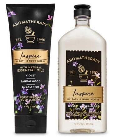 Bath & Body Works Aromatherapy INSPIRE - VIOLET SANDALWOOD EUCALYPTUS - DUO Gift Set - Shower Gel Foam Bath 10 oz and Body Cream 8 oz