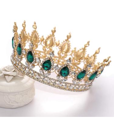 FORSEVEN Queen Crown Rhinestone Wedding Tiara | Crystal Bridal Princess Crown for Women - Gold and Green | Costume Party Hair Accessory - Buy Online on SooperMarket.com