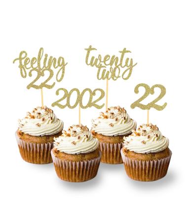 24pcs Feeling 22 Cupcake Toppers Twenty Two Birthday Cake Decorations Cheer to 22 Years Old Theme Party Decoration Supplies (Gold)