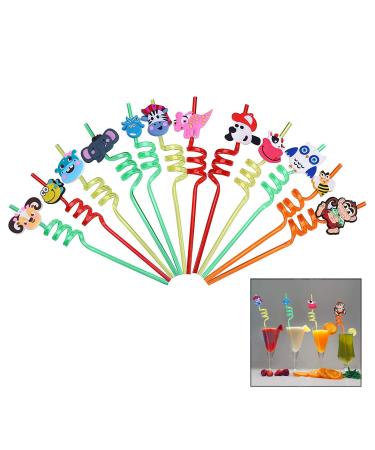 iwobi 12 Pcs Animal Curly Straws Reusable Plastic Curly Novelty Straws for Kids Birthday Party