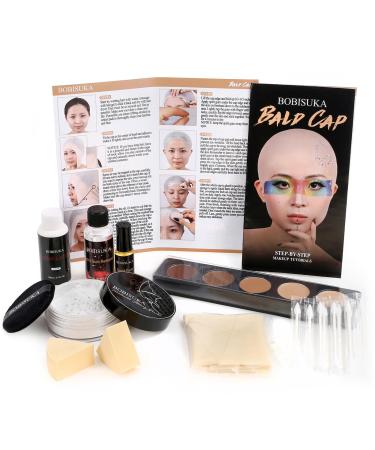 Bald Cap Halloween Makeup Kit for Men & Woman Complete Bald Cap Costume Character Set Realistic Bald Cap Kits for Cosplay Make Up SFX Makeup Dress-Up Party Stage Theater & Film Bald Cap SFX Makeup Kit