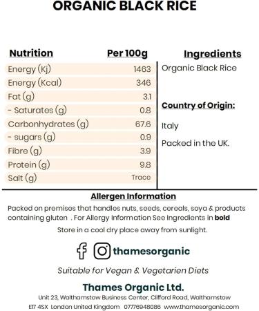 Thames Organic 500g Black Rice - Raw Vegan High Protein GMO-Free - Nutritious & Delicious - No Additives or Preservatives - Buy Online on SooperMarket.com