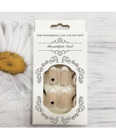 Black & White Swirl Almond Press On Nails | Full Cover False Nails | French Tip Heart Stick On Nails | Glossy Acrylic Nails for Women - Buy Online on SooperMarket.com