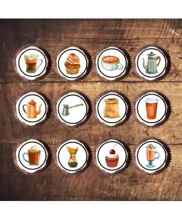 PRECUT Coffee Shop Cupcake Toppers Coffee Shop Theme Coffee Cake Premium Thickness SWEETENED VANILLA - wafer card cake decorations (Pack of 12)