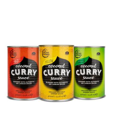 The Coconut Company Organic Mixed Curry Sause - Green Red and Yellow Curry Sauce for pouring over vegetables noodles or your favourite dish 400ml (Pack of 3)