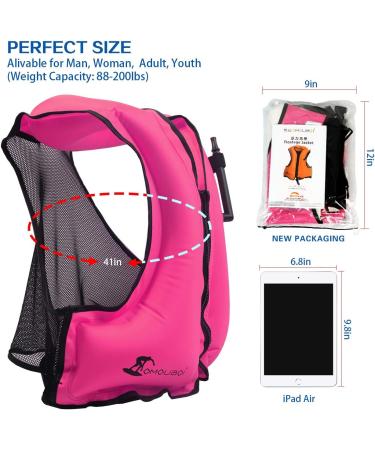OMOUBOI Inflatable Snorkel Vest | Adult Swimming Jacket for Diving, Surfing & Water Sports (Pink) | 90-220lbs - Buy Online on SooperMarket.com