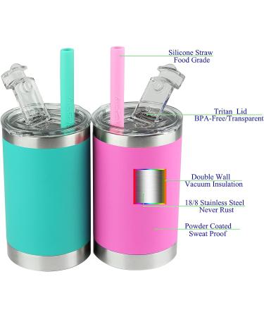 Housavvy 12 Oz Kids Tumblers | Spill-Proof Insulated Stainless Steel Cups with Lids & Straws | BPA-Free Toddler Smoothie Cups in Olive Green/Hot Pink - Buy Online on SooperMarket.com