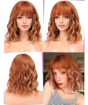 Wokestar Ginger Highlights Bob Wig | Curly Wavy Synthetic Wig with Neat Fringe for Women - Buy Online on SooperMarket.com