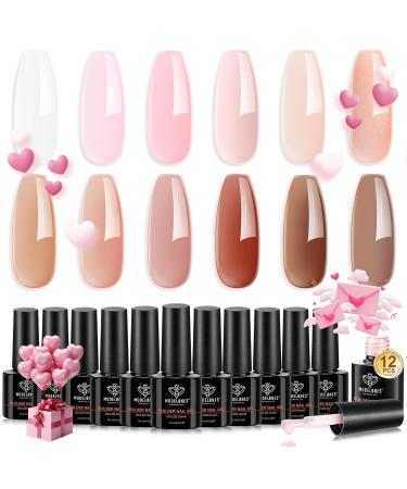 Modelones 12 Colors Builder Gel Set Pink Brown Builder Nail Gel White Hard Gel Builder Nail Strengthener Extension Gel Color Base Gel Builder Gel in a Bottle White Pink Brown
