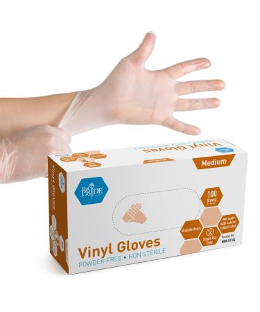 Med PRIDE Vinyl Gloves| Medium Box of 100| 4.3 mil Thick Powder-Free Non-Sterile Heavy Duty Disposable Gloves| Professional Grade for Healthcare Medical Food Handling and More 100 Medium