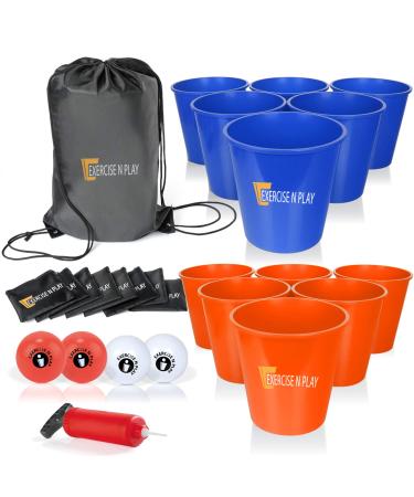 EP EXERCISE N PLAY Backyards Pong Games | Giant Yard Pong Bucket Yard Pong Game Set with 12 Buckets | Toss Game for Family and Friends (Blue/Oerange)