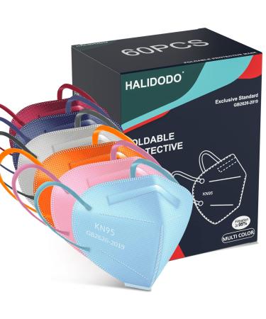 HALIDODO 60 Packs Individually Wrapped KN95 Face Mask 5-Ply Breathable & Comfortable Filter Safety Mask with Elastic Ear loop and Nose Bridge Clip Protective Face Cover Mask Multi Color