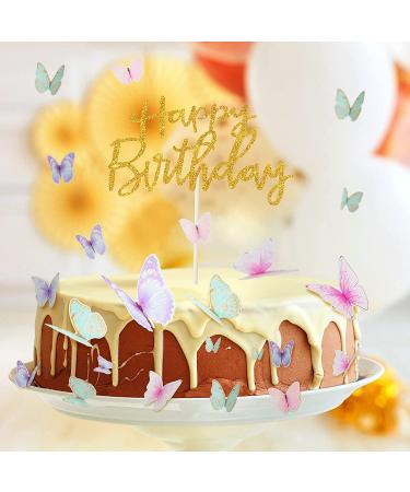 60 Blue Purple Butterfly Cake Toppers with Happy Birthday Topper | 3D Mixed Size Color Decoration Set for Birthday & Wedding Party Supplies - Buy Online on SooperMarket.com