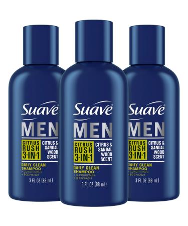 Suave Men Body Wash 3-in-1 Citrus Rush Travel-Size Shampoo Conditioner & Body Soap All-in-One Formula with Keratin for Healthy Hair & Skin 3 Oz Ea (Pack of 3)