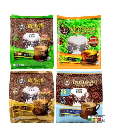 CNMART Malaysia Oldtown 3 in 1 White Coffee Hazelnut Classic Less Sugar and White Milk Tea 4 Assorted Flavours 15 Sachets (Pack of 4)