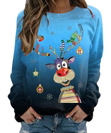Happy New Year 2023 Elk Print Christmas Sweatshirt for Women - Crew Neck Long Sleeve Top (Dark Blue, Medium) - Buy Online on SooperMarket.com