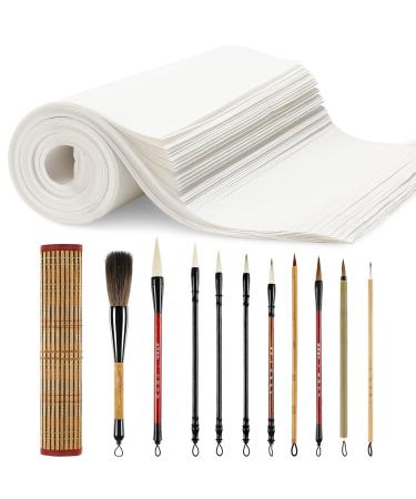 Eaasty 110 Pcs Chinese Calligraphy Paper Brush Set Xuan Rice Paper Japanese Calligraphy Practice Writing Paper Without Grids 100 Sheets 10 Writing Brush with Roll Up Brush Holder