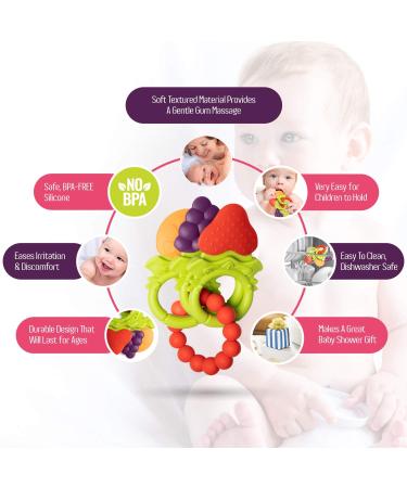Baby Teething Toys for Newborns to Infants 6-12 Months | BPA Free Silicone Teethers | Fruit Shaped with Ring | Soothes Gums | 3 Pack - Buy Online on SooperMarket.com
