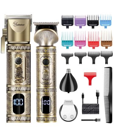 Hatteker Professional Hair Clipper and T-Blade Trimmer Set for Men Cordless Rechargeable Barber Clipper Beard Nose Hair Trimmer Multipurpose Grooming Kit LED Display(Gold)