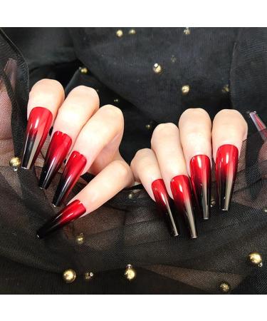 Handcess Coffin Glossy False Nails - Long Black and Red Ballerina Press-On Nails Gradient Acrylic Art Full Cover (24PCs) for Women & Girls - Buy Online on SooperMarket.com