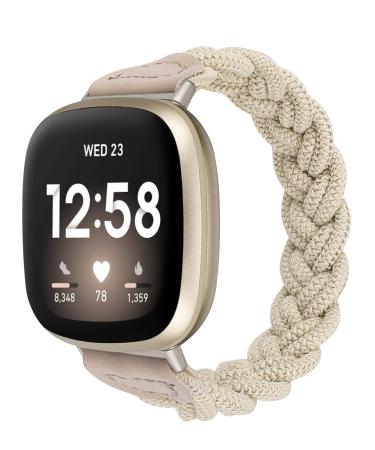 Wearlizer Stretchy Braided Band Compatible with Fitbit Sense / Versa 3 Bands for Women, Slim Cute Elastic Strap Woven Replacement Wristband Accessories for Versa 3 / Sense Watch (Khaki, S) Small Khaki