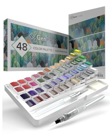 GenCrafts Watercolor Paint Palette with Bonus Paper Pad Includes 48 Premium Colors - 2 Refillable Water Blending Brush Pens - No Mess Storage Case - 15 Sheets of Water Color Paper - Portable Painting 48 Classic Colors