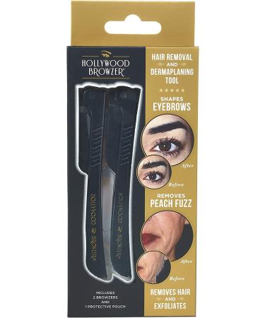 Hollywood Browzer Dermaplaning Tool for Face Eyebrow Shaping Removing Unwanted Hair Exfoliating Tool for Women Duo Pack (Duo Black)