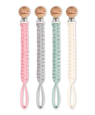 Pacifier Clip for Boys and Girls 11 Inch Handmade Braided Cotton Pacifier Holder with Wooden Clips - Fits All Pacifiers & Teething Toys for Baby Shower Birthday Christmas Gifts (4 Packs) F (Cadet Blue/Ivory/Pink/Gray)