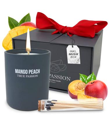 High quality gift box with matches |Handmade candle made of natural soy wax |Up to 60 hours of burning time |Perfect gift set with music box |Fragrance Mango Peach