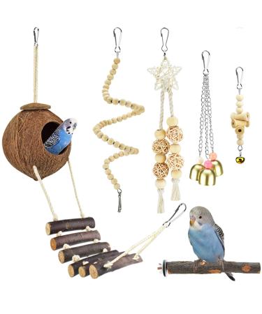 KATUMO Bird Toys, Parakeet Hideout Budgie Perch Cockatiel Swing Lovebird Chew Toys Bird Cage Accessories for Small Birds 6pcs
