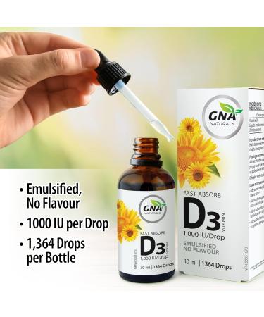 GNA Naturals - Fast Absorb Vitamin D3 1 000 Iu/Drop - Emulsified No Flavour 30ml/ 1364 drops 30 milliliter - Buy Online on SooperMarket.com