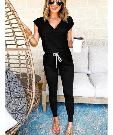 Prettigarden Women's 2 Piece Tracksuit Set - V Neck Short Sleeve Top and Long Pants Outfit Jogger Set in Black, Size Large - Buy Online on SooperMarket.com
