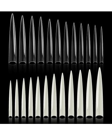 AORAEM 240pcs Long Sharp Stiletto Fake Nail Tip,12 Sizes Clear and Natural Extra Long Acrylic Nails False Nails for Nail Salon (Long Clear+Natural #1)