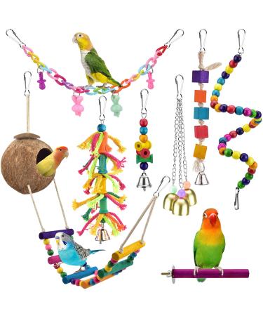 KATUMO Bird Toys, Natural Coconut Bird House with Colorful Ladder Hanging Chewing Toys Hammock Climbing Ladder Bird Colorful Toys with Bells for Parakeet, Conure, Cockatiel, Mynah, Love Birds, Finch