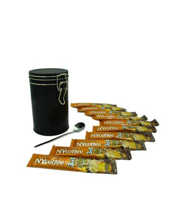 NY 3-in-1 Coffee Sachets Individually Wrapped with Sugar 10 x 14g Bundle with Black Refillable Cannister and Latte Spoon Set for Home Desk or Travel
