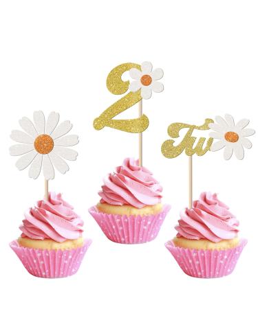 24 Pack 2nd Birthday Daisy Cupcake Toppers Glitter Two Daisy Cupcake Picks Spring Daisy Flower Chrysanthemum Second Birthday Cupcake Decorations Kids birthday Party Supllies Gold